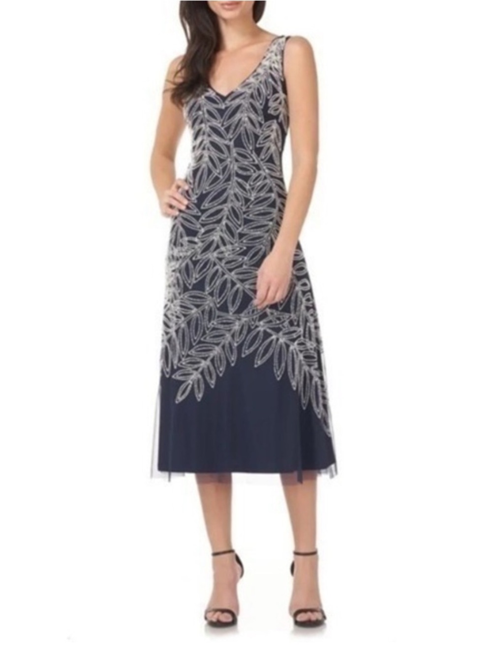 NWT - JS Collections Womens Navy Midi Dress with Pearl Leaf Beading